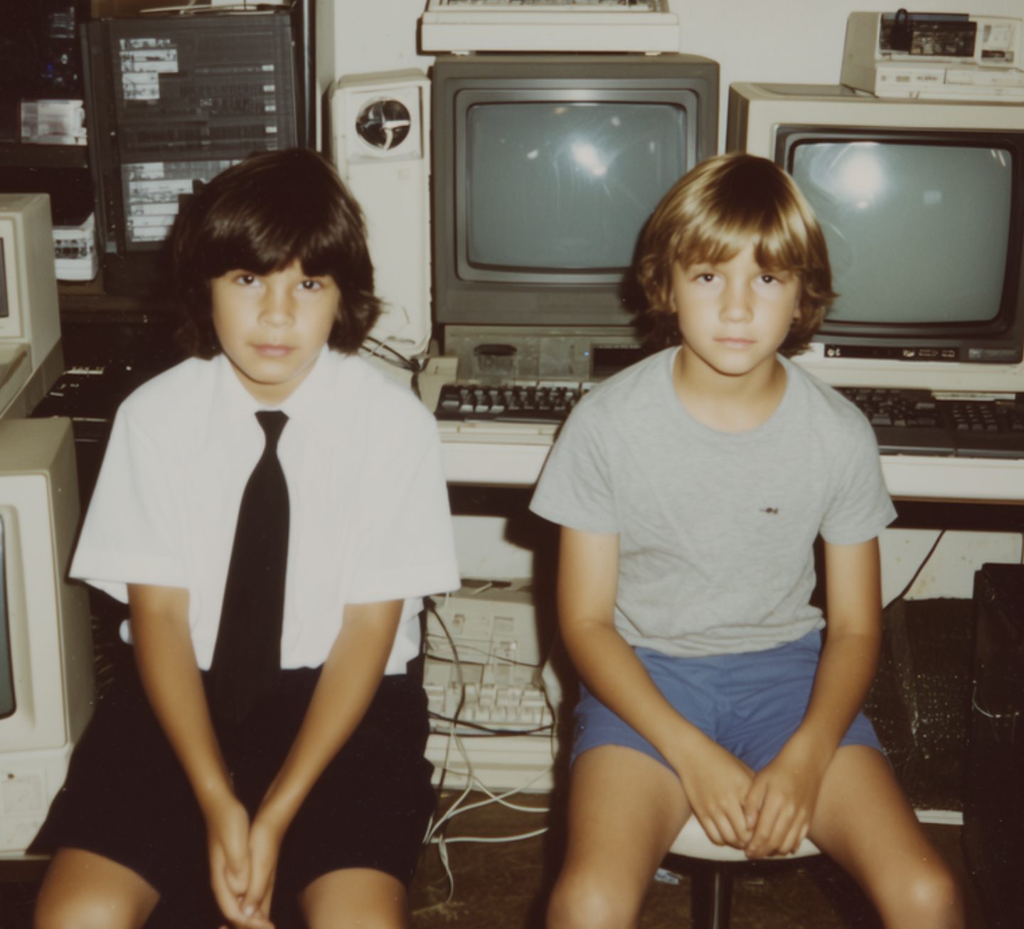 Two children sitting among vintage computer equipment